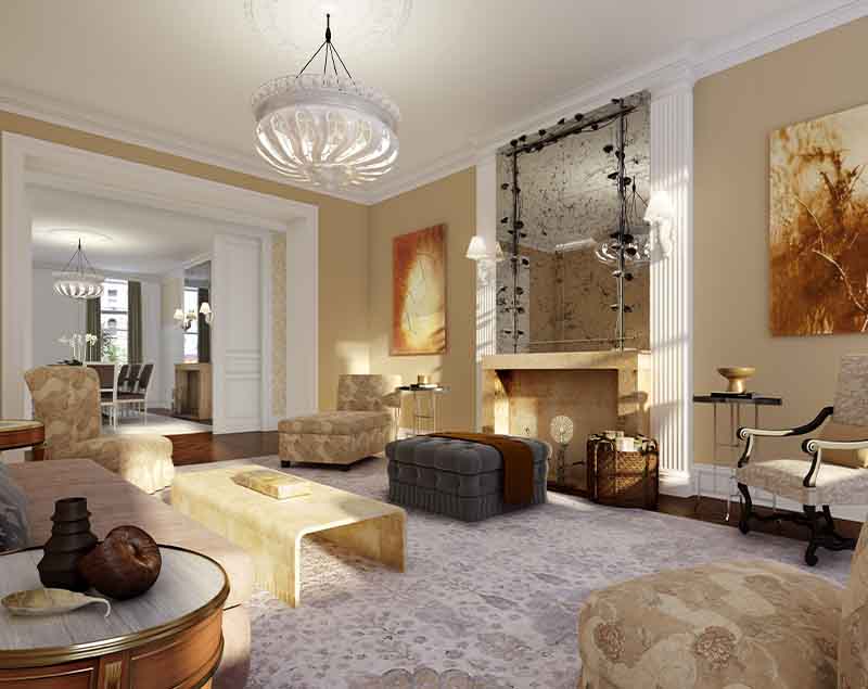 Luxury living room design rendering for 390 West End Ave apartments, NYC, showcasing craftsmanship by Universal Management & Contracting Corp with custom furniture and elegant decor.